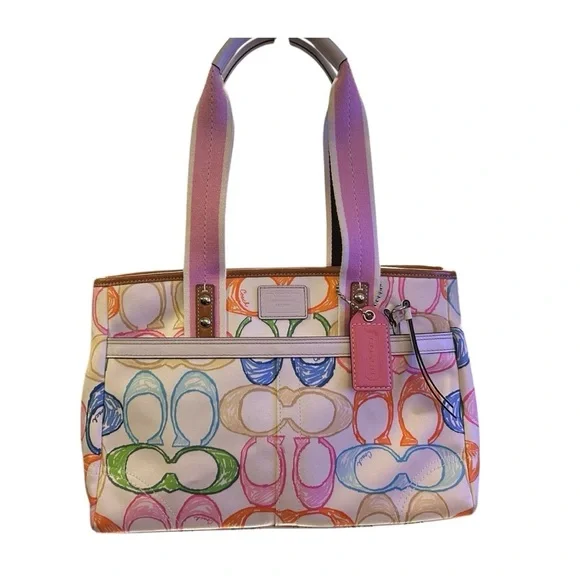 COACH Hamptons Multicolored Scribble Monogram Tote Shoulder Bag - Picture 4 of 8